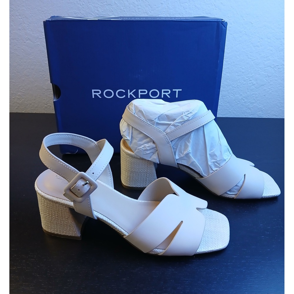 Rockport Georje Ivory Leather Block Heel Sandals Womens 9 M TruTech CI9563 New